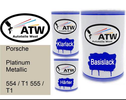 Porsche, Platinum Metallic, 554 / T1 555 / T1: 500ml Lackdose + 500ml Klarlack + 250ml Härter - Set, von ATW Autoteile West.